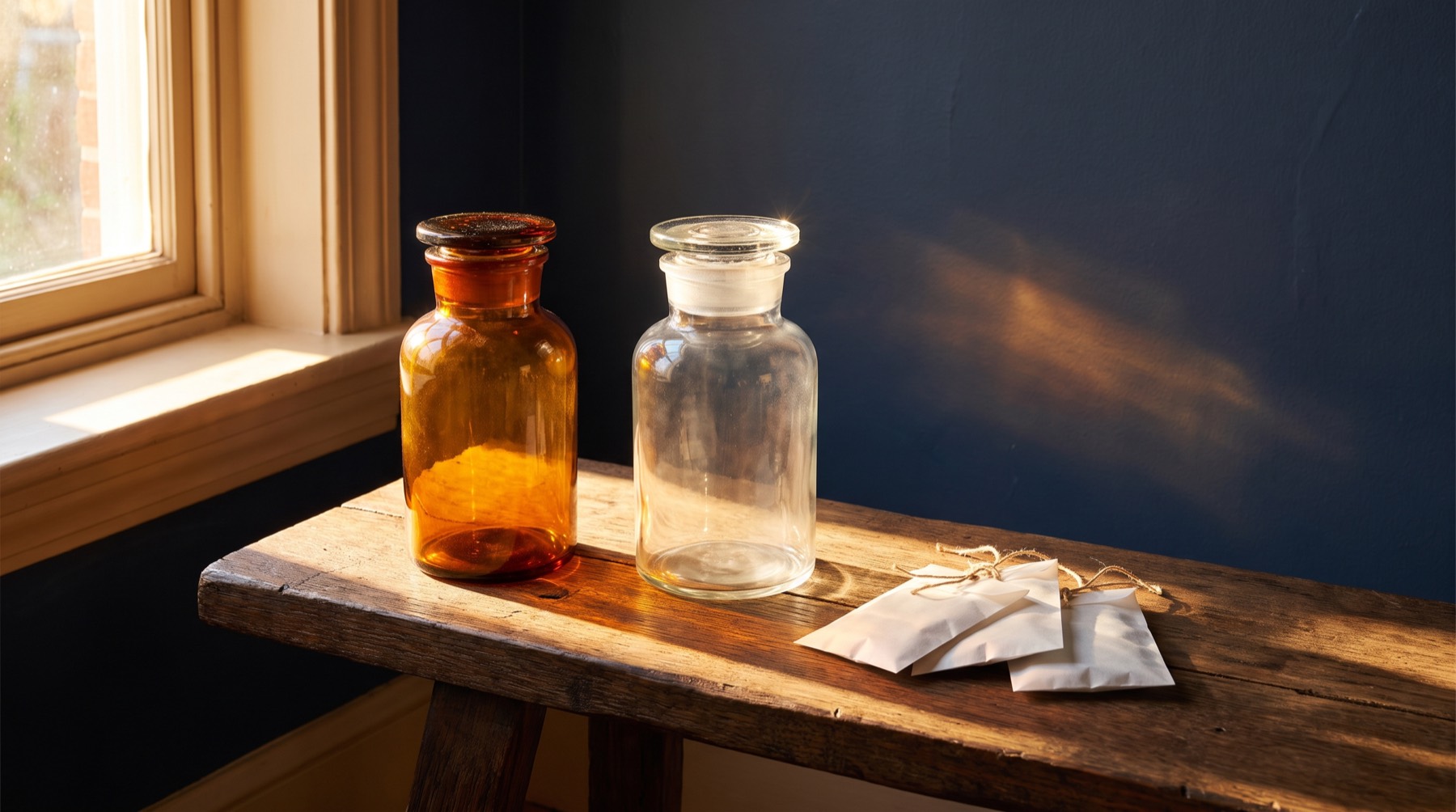An empty amber glass jar and an empty clear glass jar side by side on a wooden bench in a beam of window light, with small plain sachets beside them