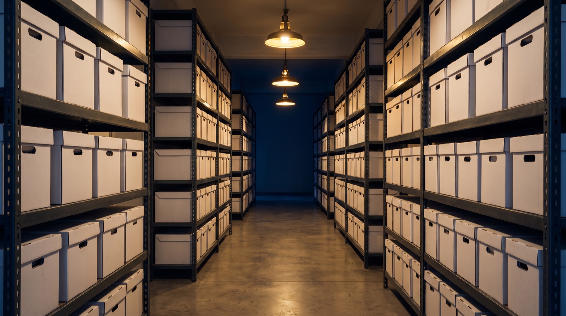 A quiet archive room with tall dark metal shelving holding rows of identical plain sealed boxes under warm overhead light