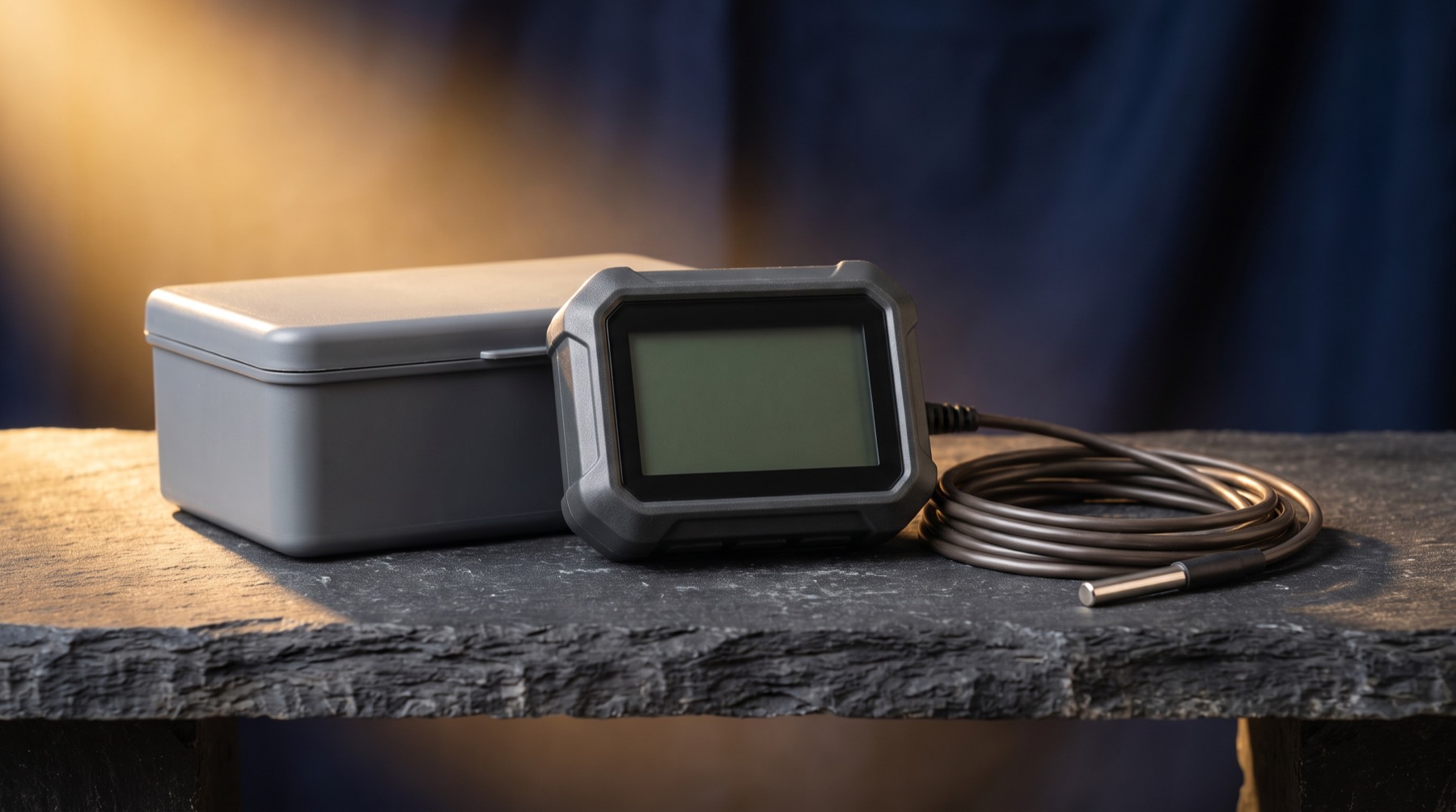 A small digital temperature data logger with a blank screen on a dark slate bench beside a sealed grey storage box and a coiled probe cable